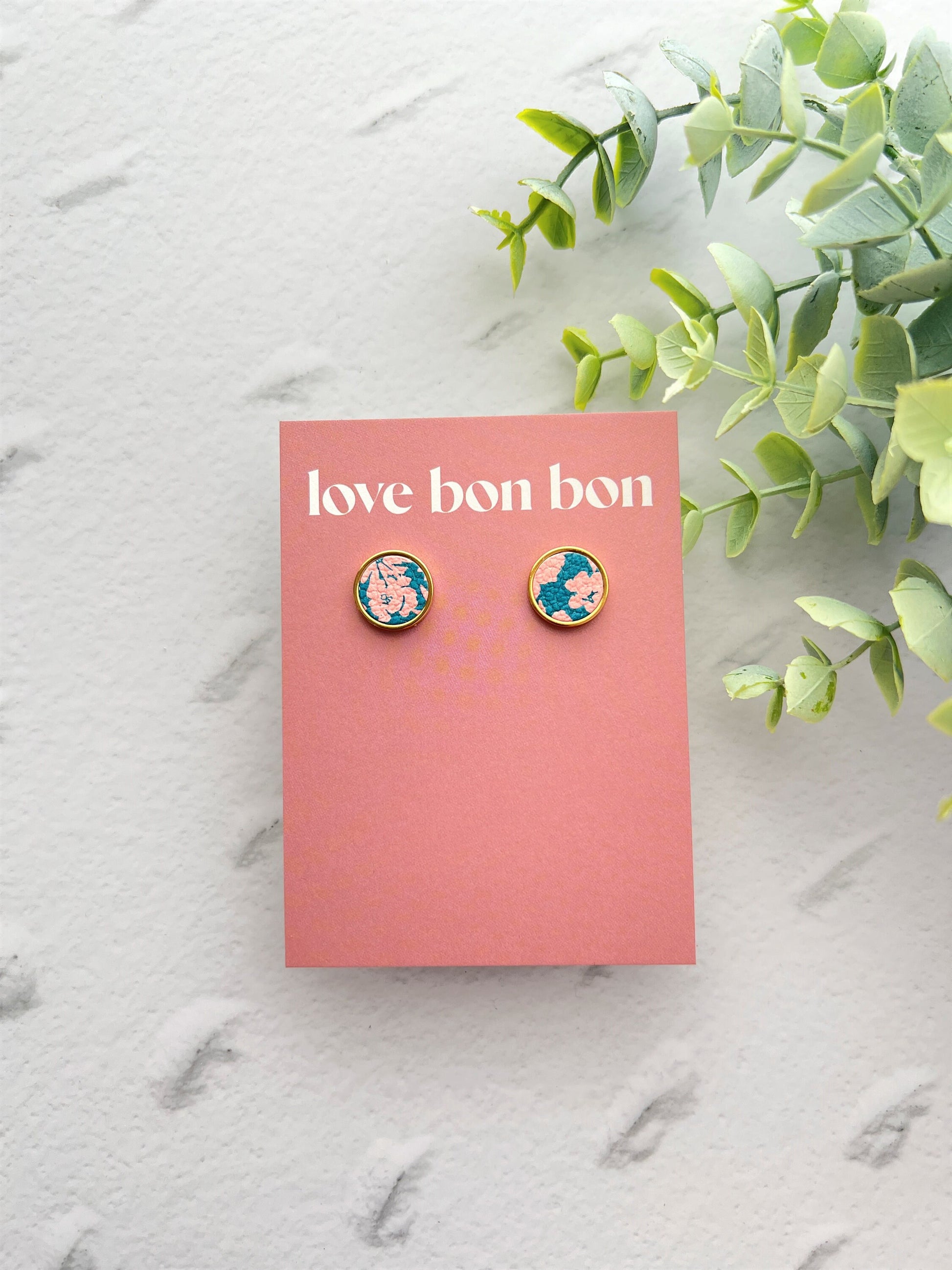 Genuine Leather Studs in Gold Stainless Steel Bezel, gifts for her, handmade earring, floral leather print, 14mm 1.4cm stud earring