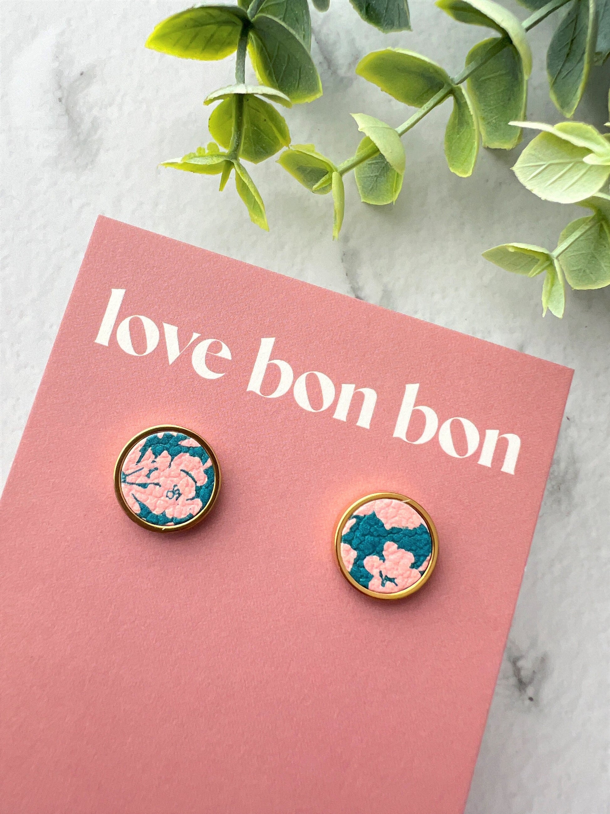 Genuine Leather Studs in Gold Stainless Steel Bezel, gifts for her, handmade earring, floral leather print, 14mm 1.4cm stud earring