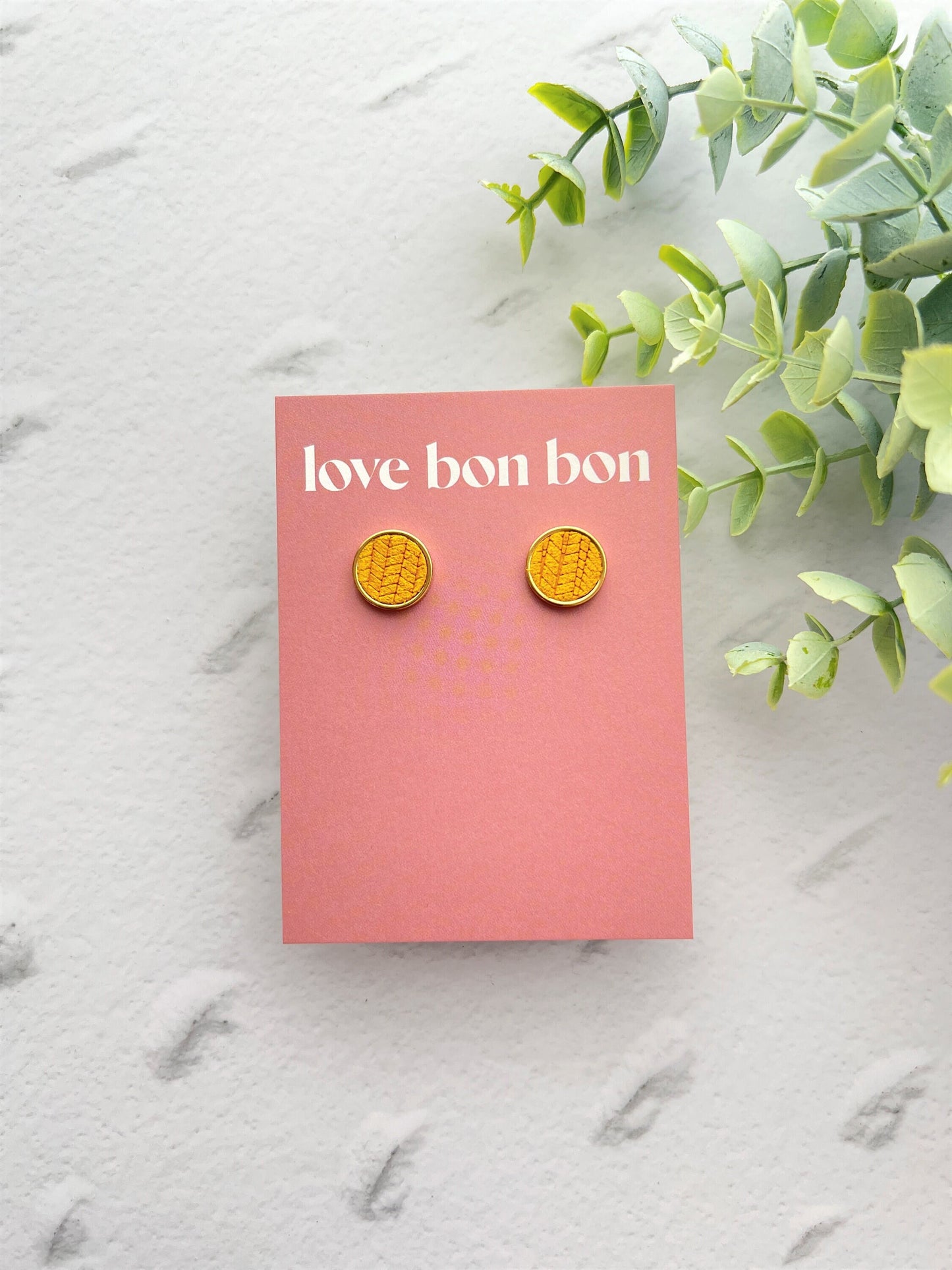 Genuine Leather Studs in Gold Stainless Steel Bezel - gifts for her - handmade earring - mustard leather studs - 14mm 1.4cm stud earring