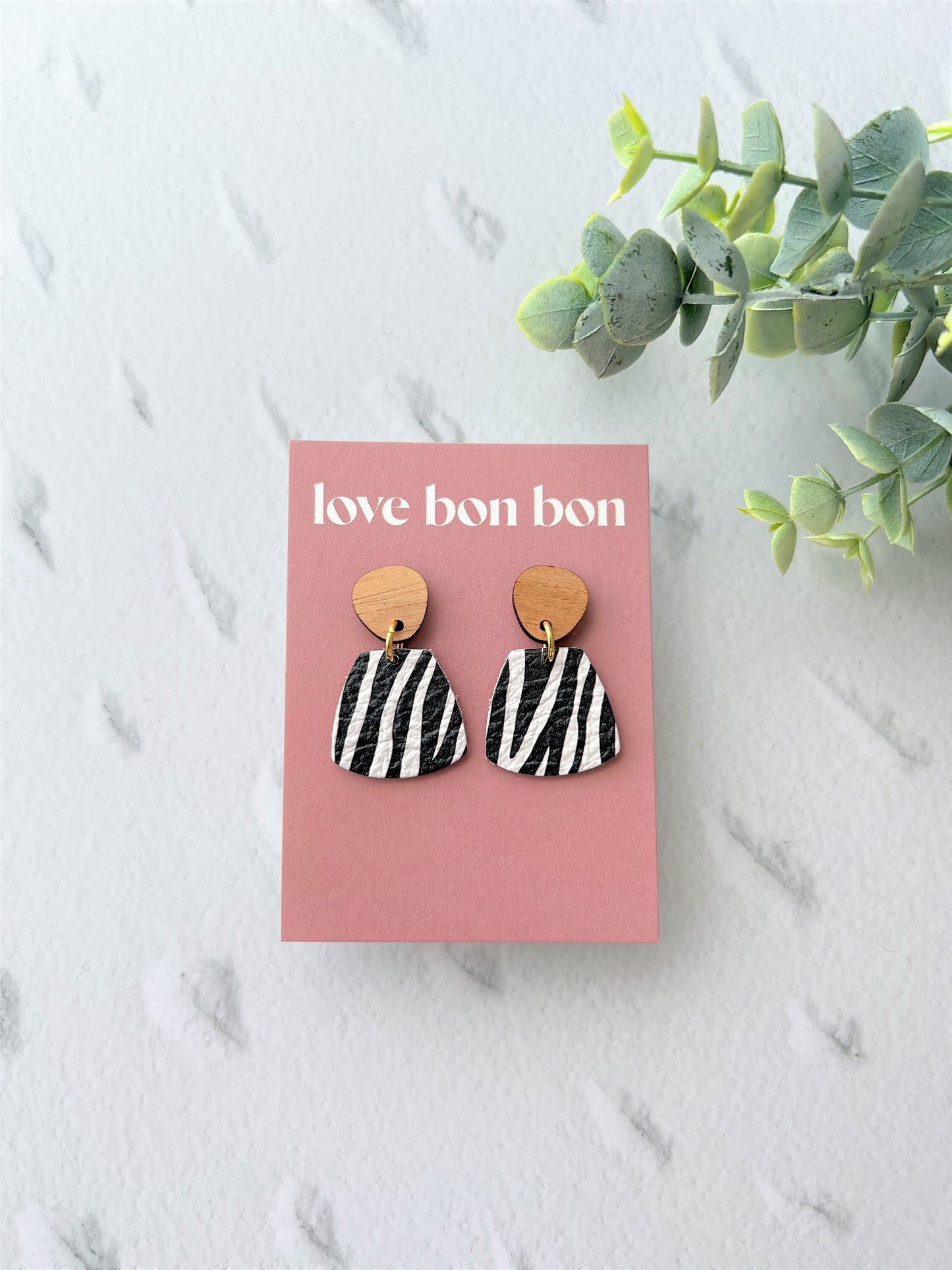 Genuine Leather Handmade Petite Earring with Wooden topper, dangle earring, handmade earring, zebra leather print