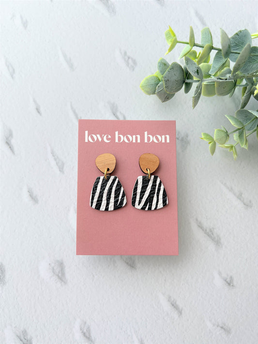 Genuine Leather Handmade Petite Earring with Wooden topper, dangle earring, handmade earring, zebra leather print