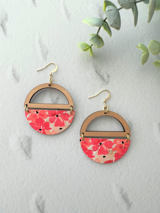 Genuine Cork and Large Leather Handmade Circle Earring with half circle Wooden topper - dangle earring - floral print leather