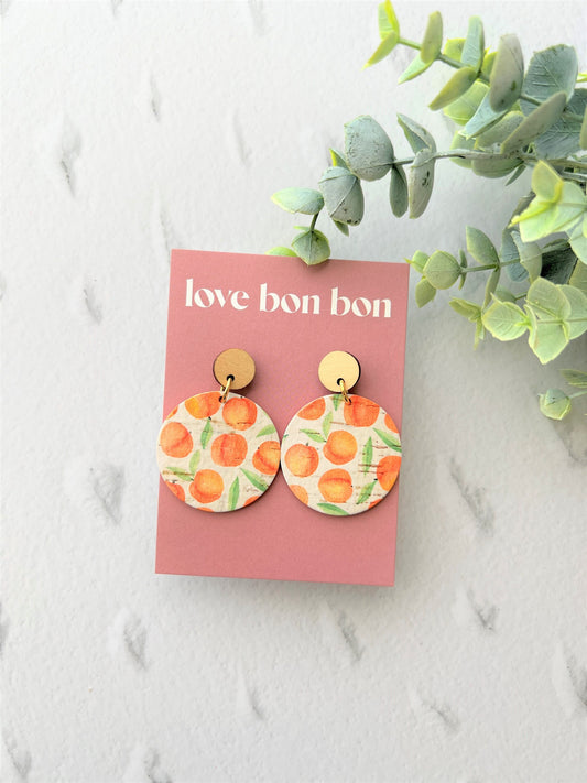 Cork and Leather Handmade Circle Earring with Wooden topper - dangle earring - handmade earring - peach print cork leather