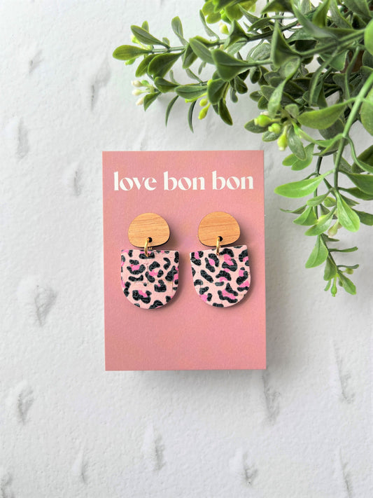 Cork and Leather Handmade Petite Earring with Wooden topper, dangle earring, handmade earring, pink leopard print, handmade earrings