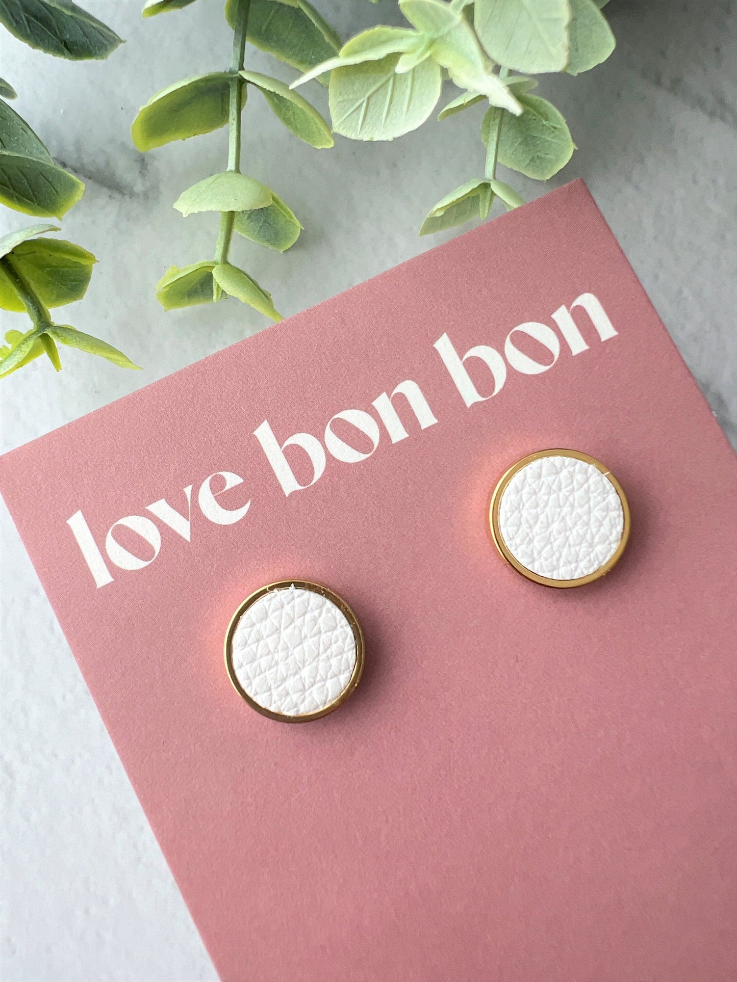 Genuine Leather Studs in Gold Stainless Steel Bezel, gifts for her, handmade earring, white leather studs, 14mm 1.4cm stud earring