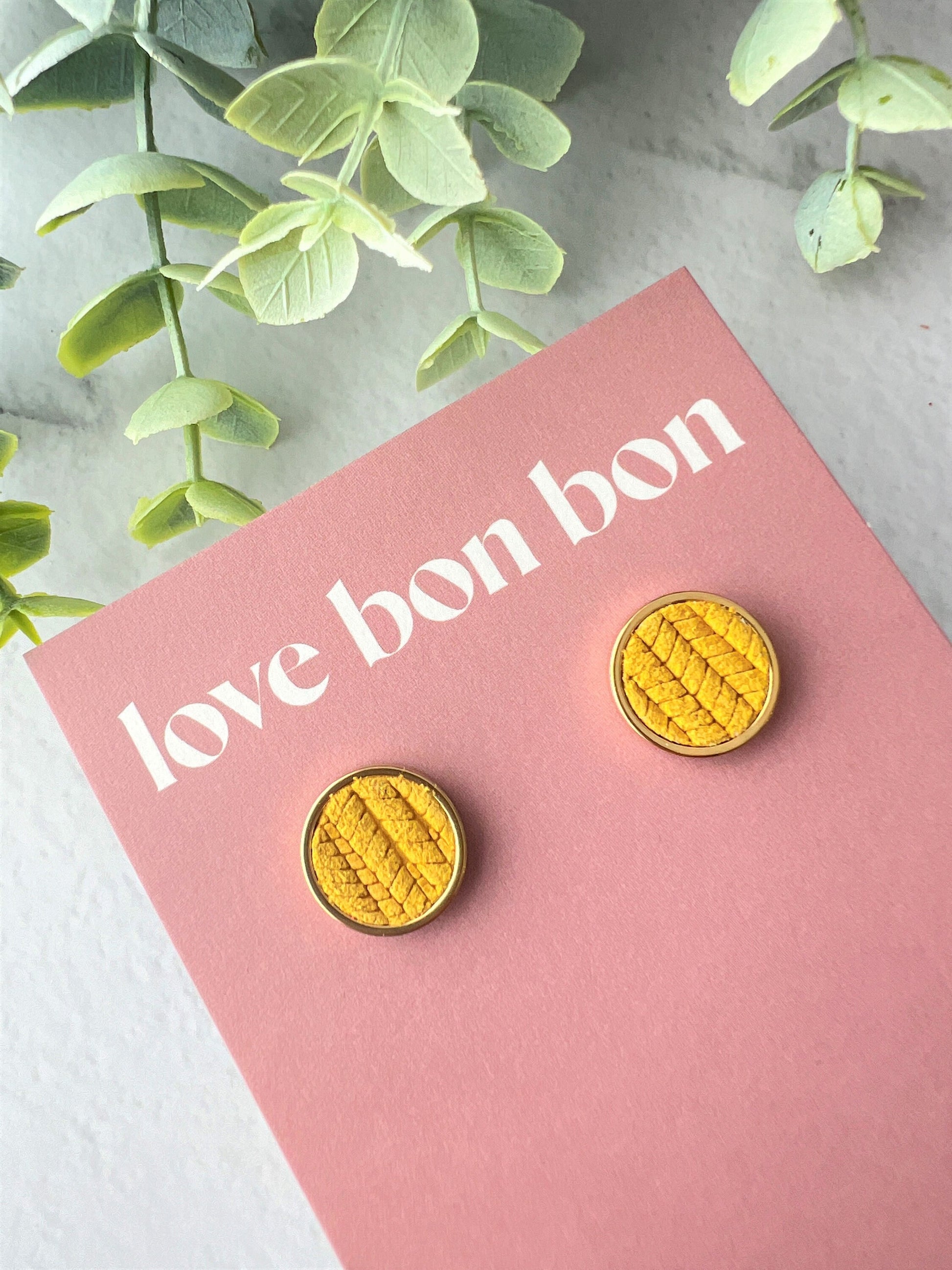 Genuine Leather Studs in Gold Stainless Steel Bezel - gifts for her - handmade earring - mustard leather studs - 14mm 1.4cm stud earring