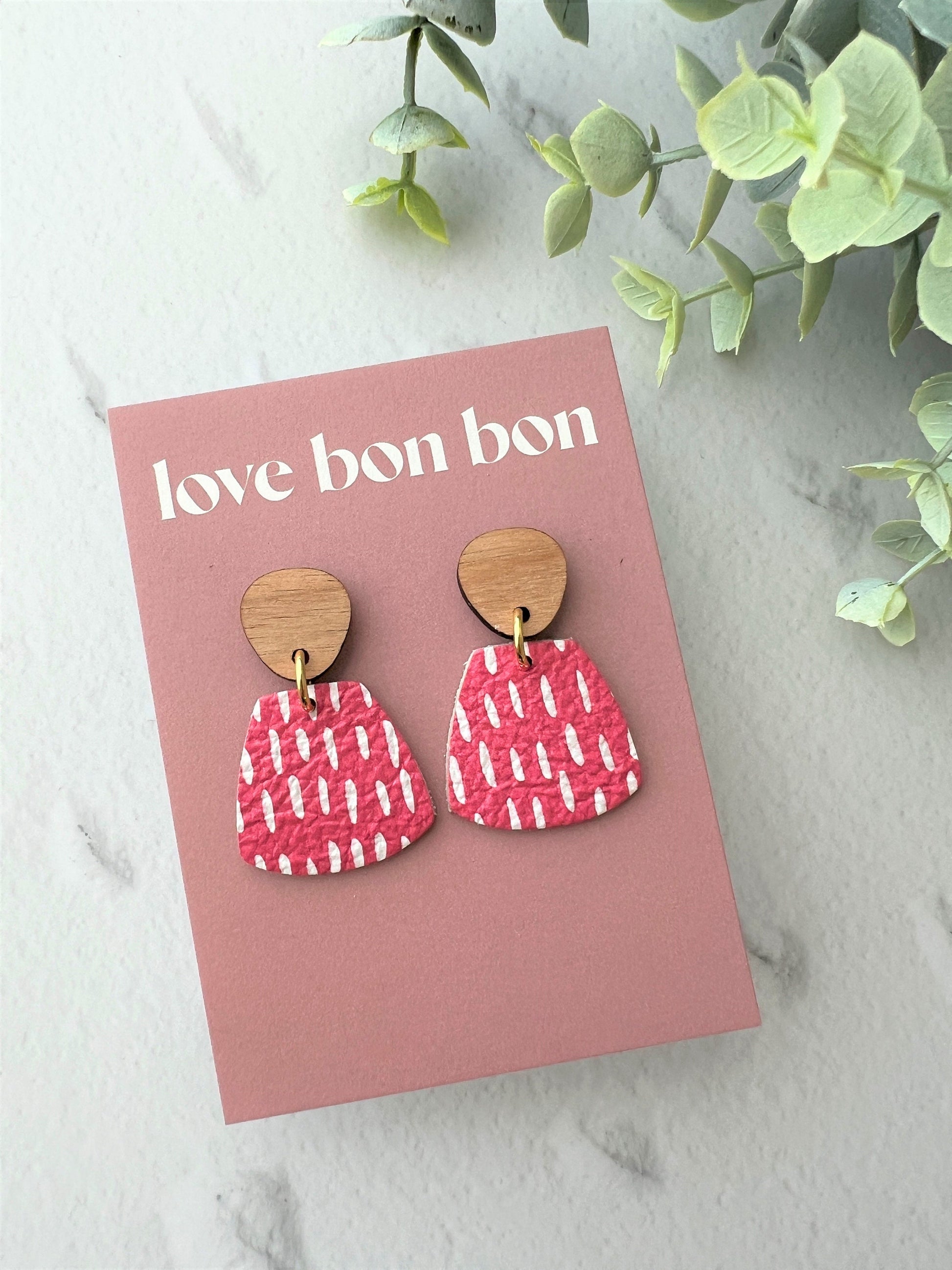 Genuine Leather Handmade Petite Earring with Wooden topper - dangle earring - handmade earring - red print leather
