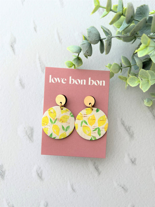 Cork and Leather Handmade Circle Earring with Wooden topper - dangle earring - handmade earring - lemon print cork leather