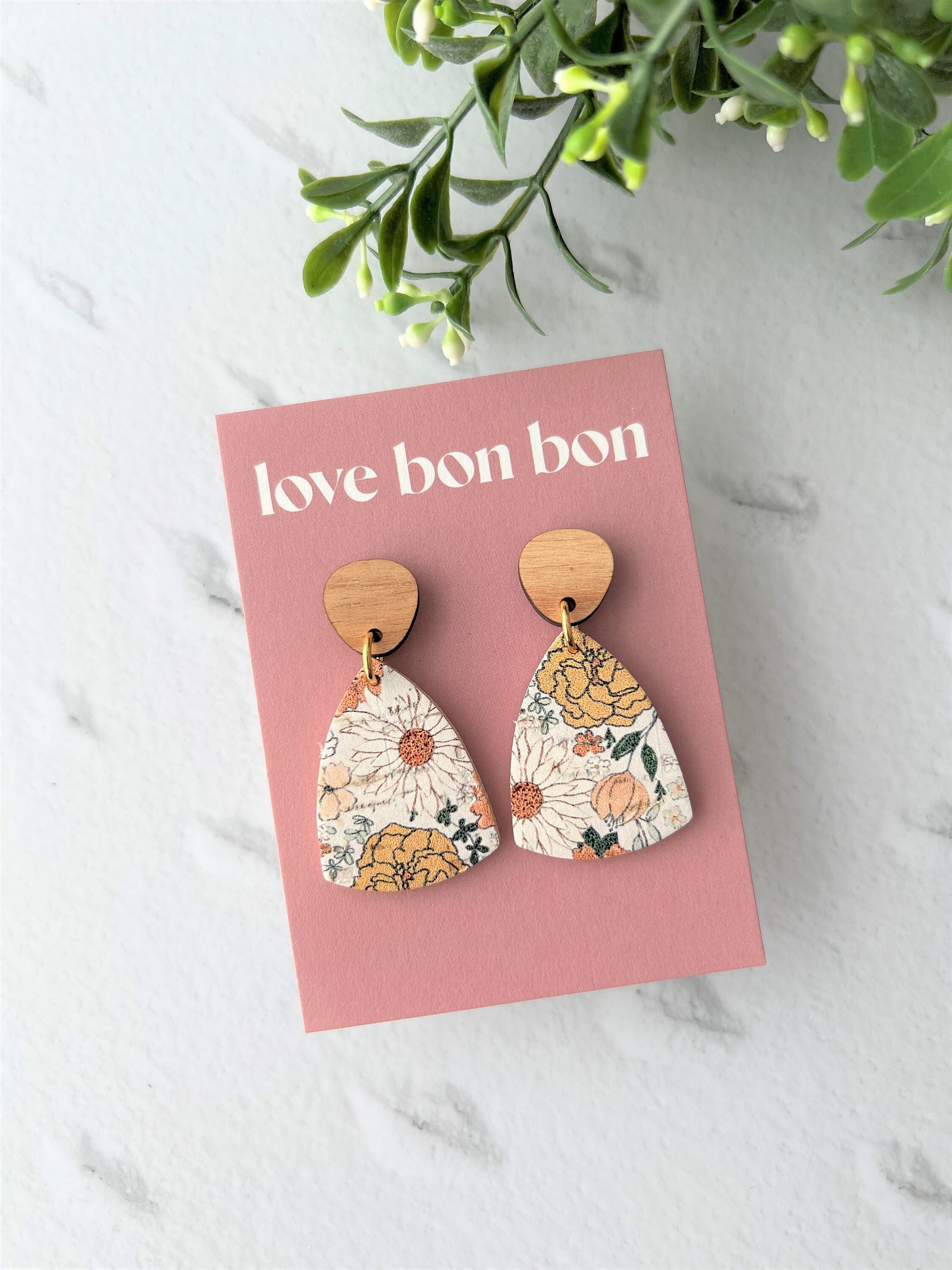 Cork and Leather Handmade Triangle Earring with Wooden topper & stainless steel post, dangle earring, birthday gift, floral print earring