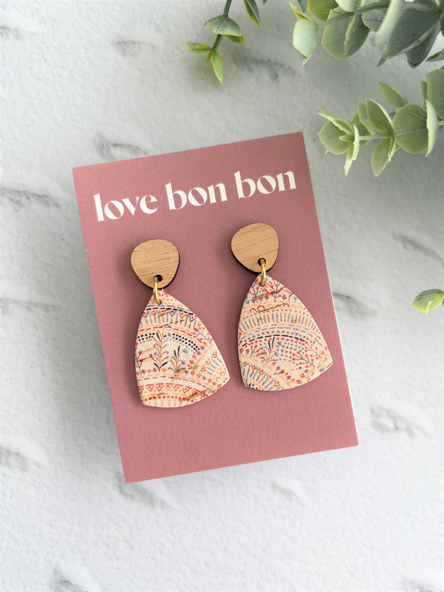 Cork and Leather Handmade Triangle Earring with Wooden topper and stainless steel post, dangle earring, birthday gift, neutral colours