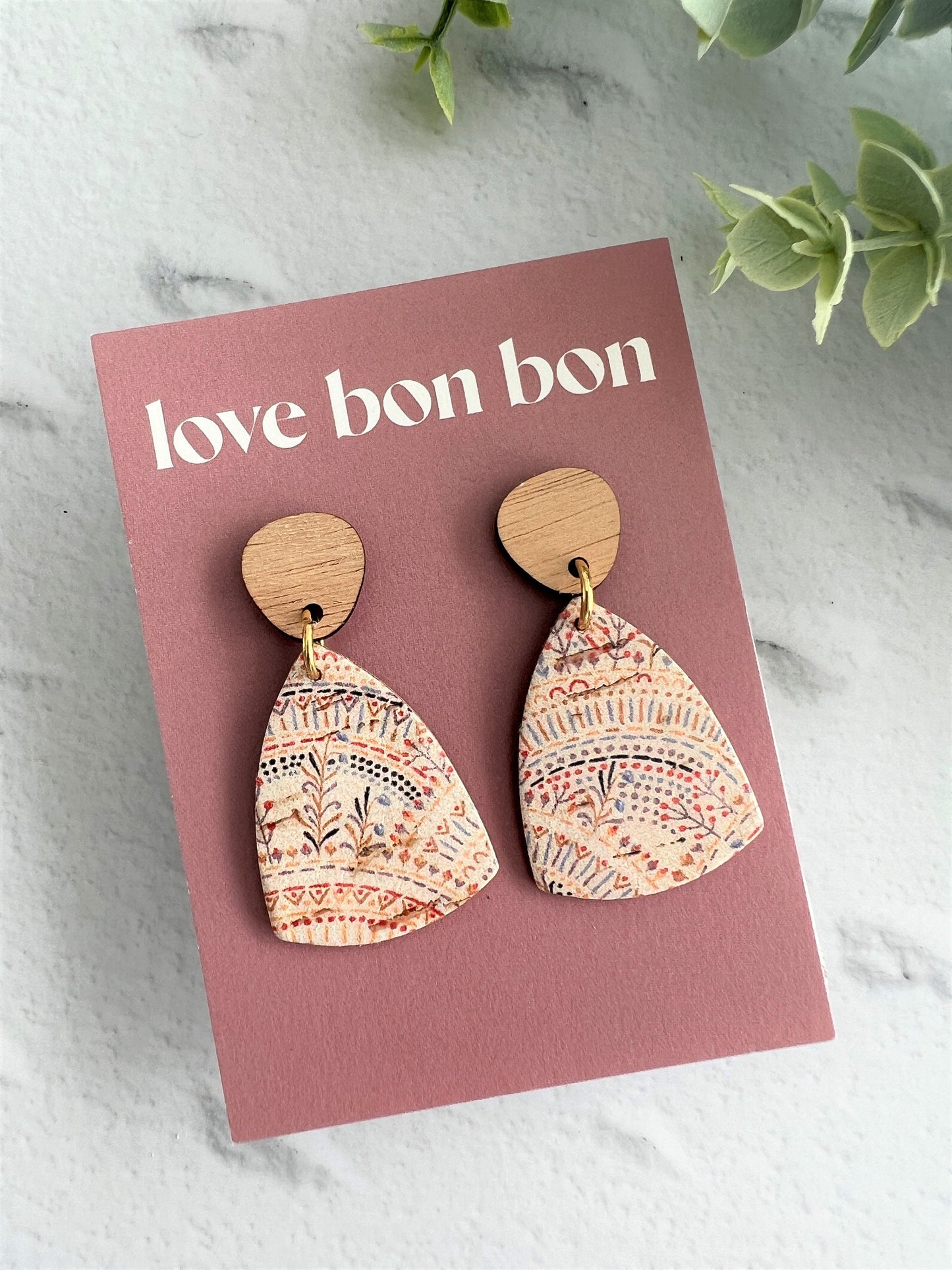 Cork and Leather Handmade Triangle Earring with Wooden topper and stainless steel post, dangle earring, birthday gift, neutral colours