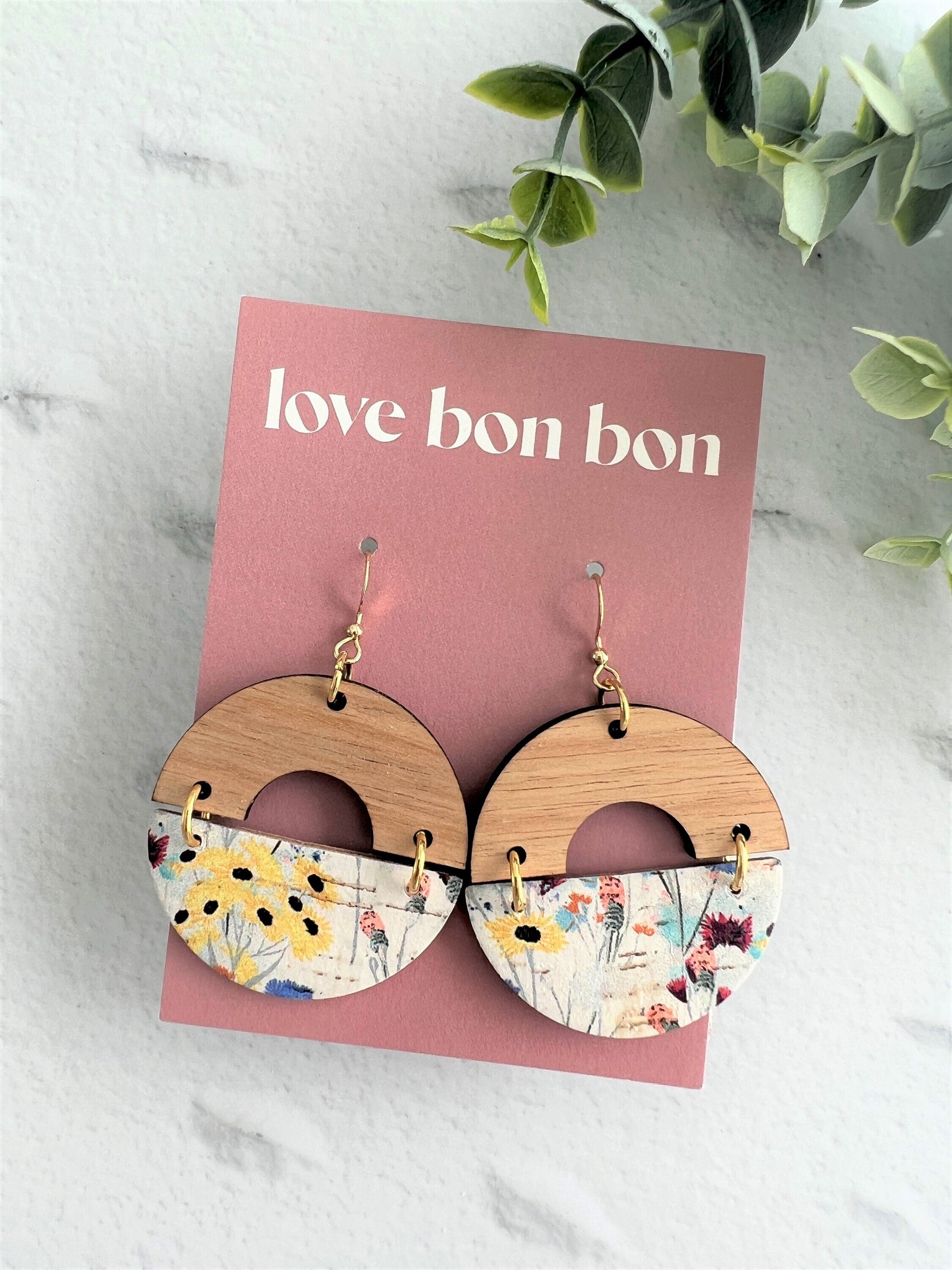 Cork and Leather Handmade Circle Earring with cut out half circle Wooden topper, dangle earring, handmade earring, floral print leather