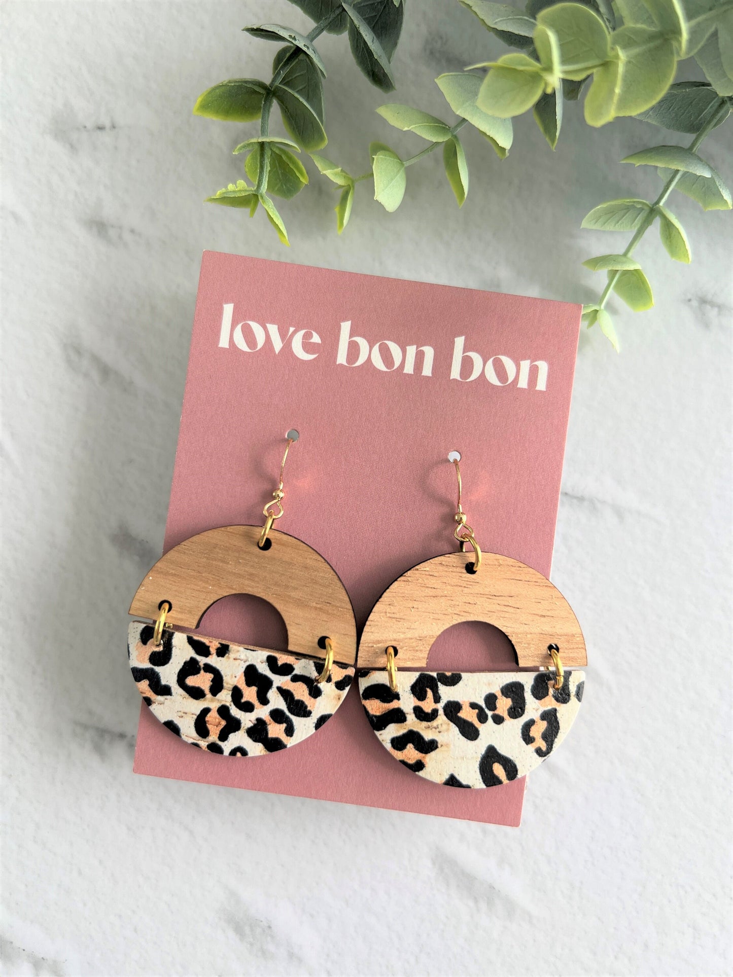 Cork and Leather Handmade Circle Earring with cut out half circle Wooden topper, dangle earring, handmade earring, cheetah print leather