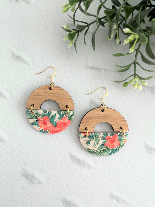 Cork and Leather Handmade Circle Earring with cut out half circle Wooden topper, dangle earring, handmade earring, floral print leather