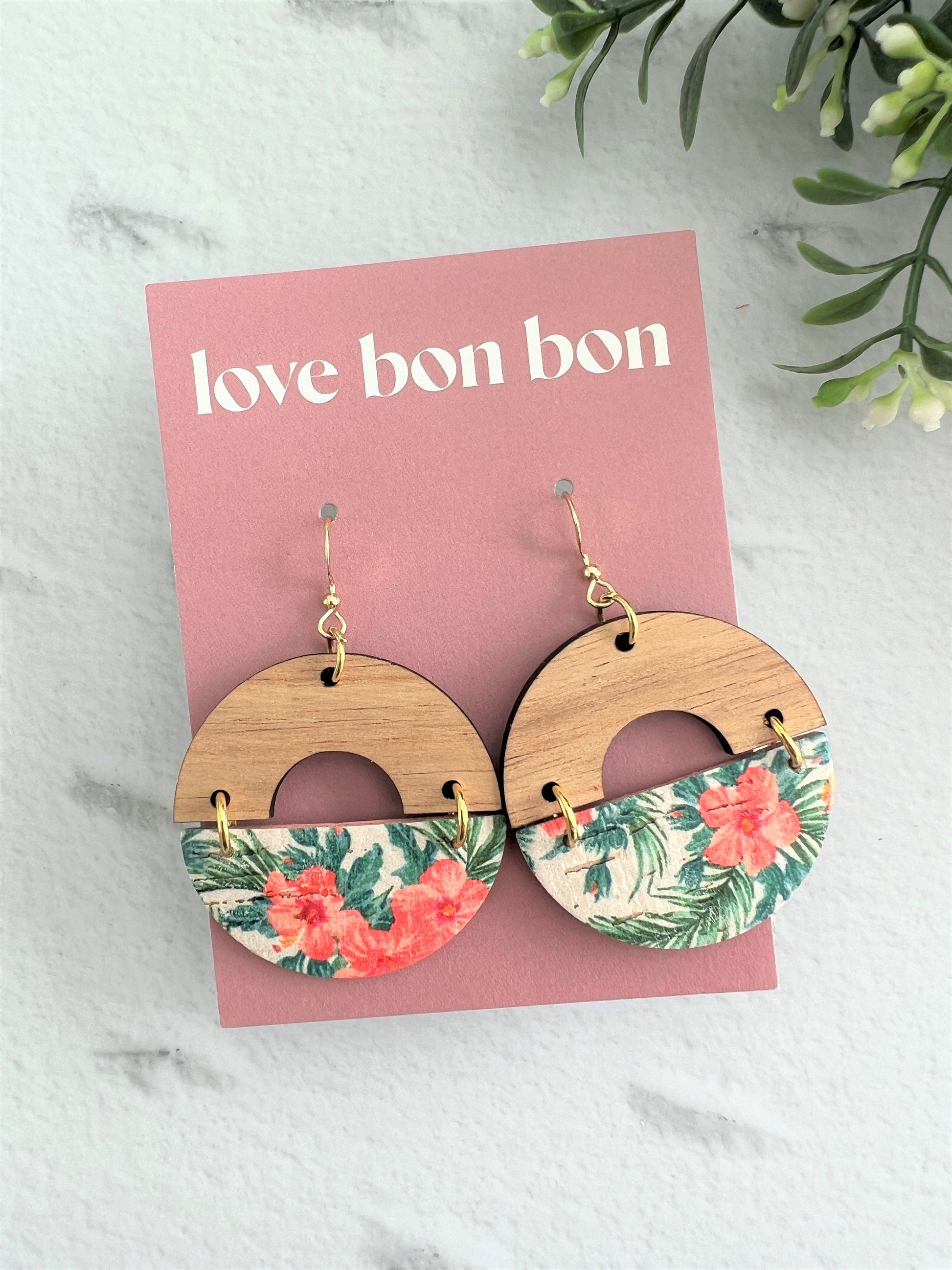 Cork and Leather Handmade Circle Earring with cut out half circle Wooden topper, dangle earring, handmade earring, floral print leather