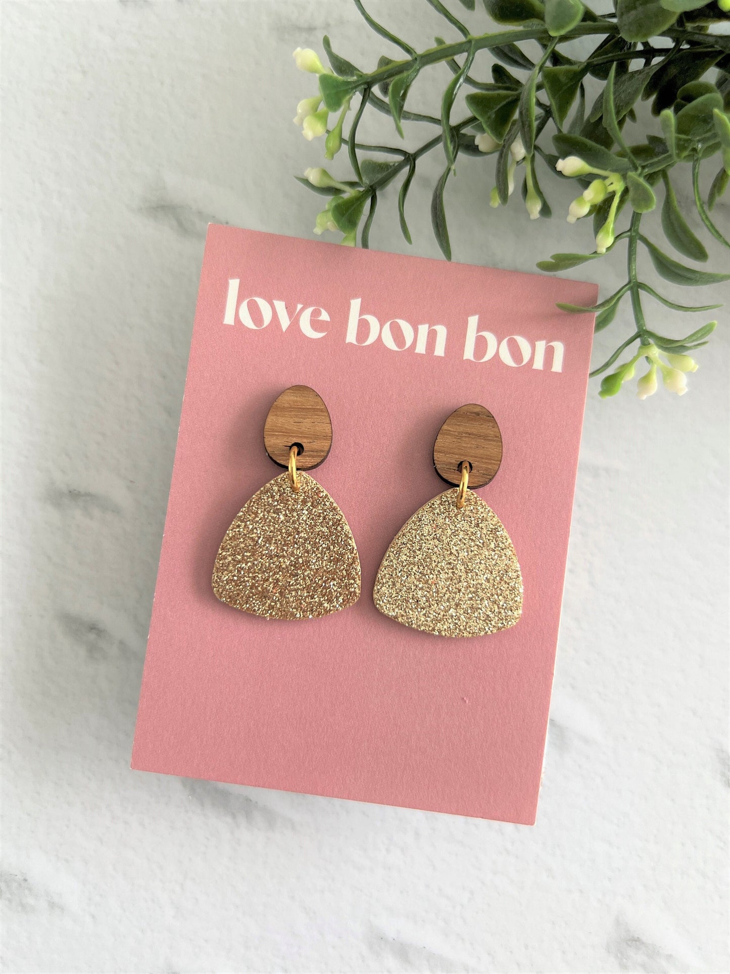 Cork and Leather Handmade Petite Triangle Earring with Wooden topper & stainless steel post, dangle earring, birthday gift, gold glitter