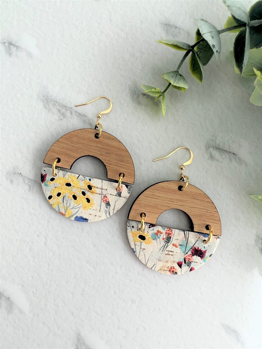 Cork and Leather Handmade Circle Earring with cut out half circle Wooden topper, dangle earring, handmade earring, floral print leather