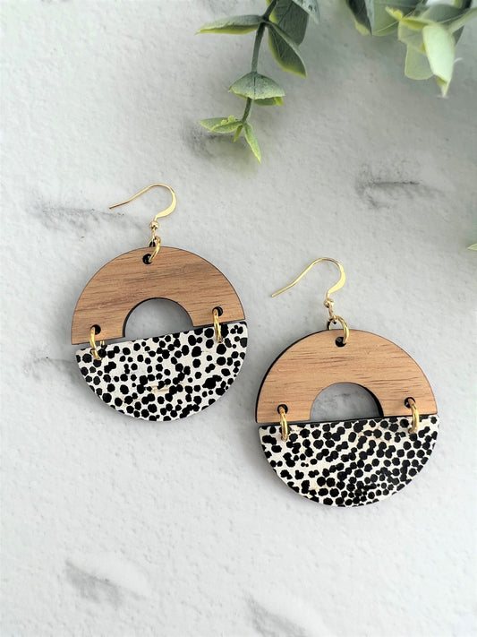Cork and Leather Handmade Circle Earring with cut out half circle Wooden topper, dangle earring, handmade earring, tiny dots leather