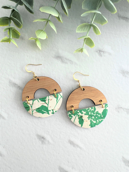 Cork and Leather Handmade Circle Earring with cut out half circle Wooden topper, dangle earring, handmade earring, floral print leather