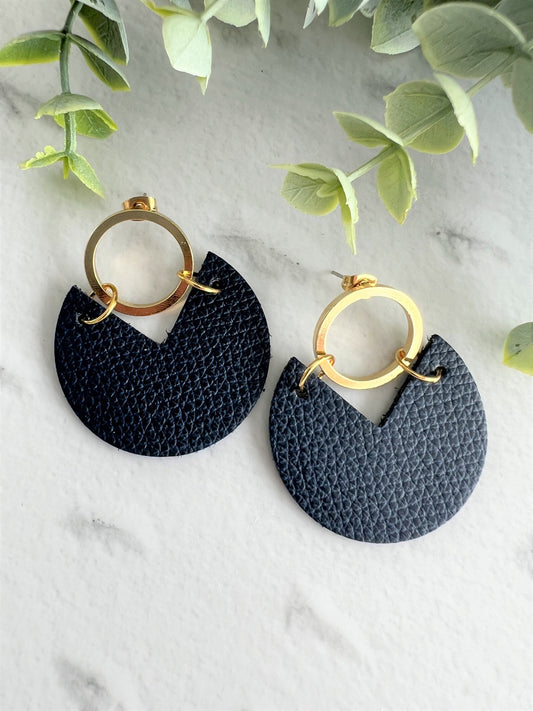 Handmade Genuine Cork and Leather Circle dangle earring - drop earring, birthday gift, navy handmade earrings, leather jewellery