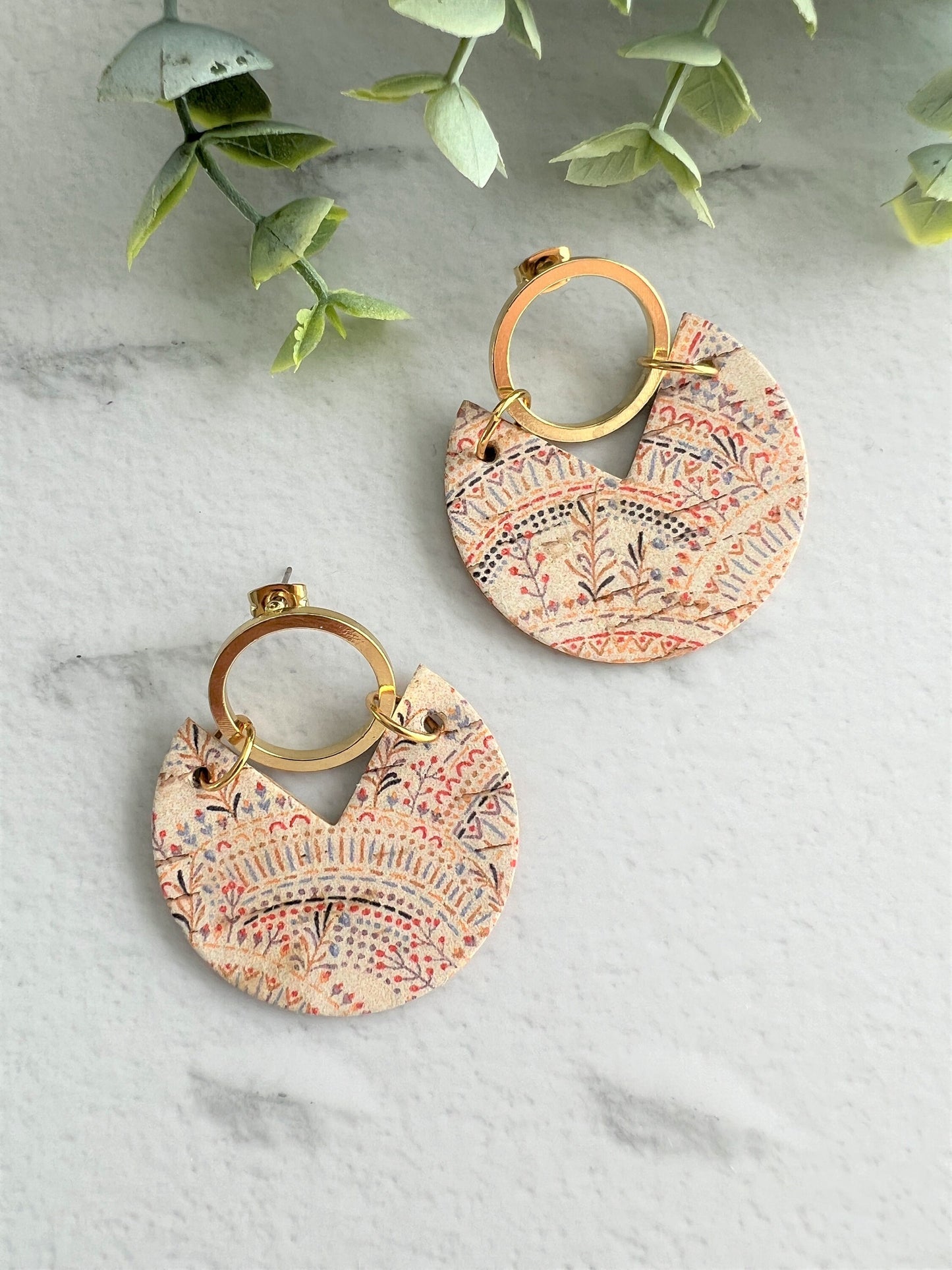 Handmade Genuine Cork and Leather Circle dangle earring - drop earring, birthday gift, gift for her, handmade earrings, leather jewellery