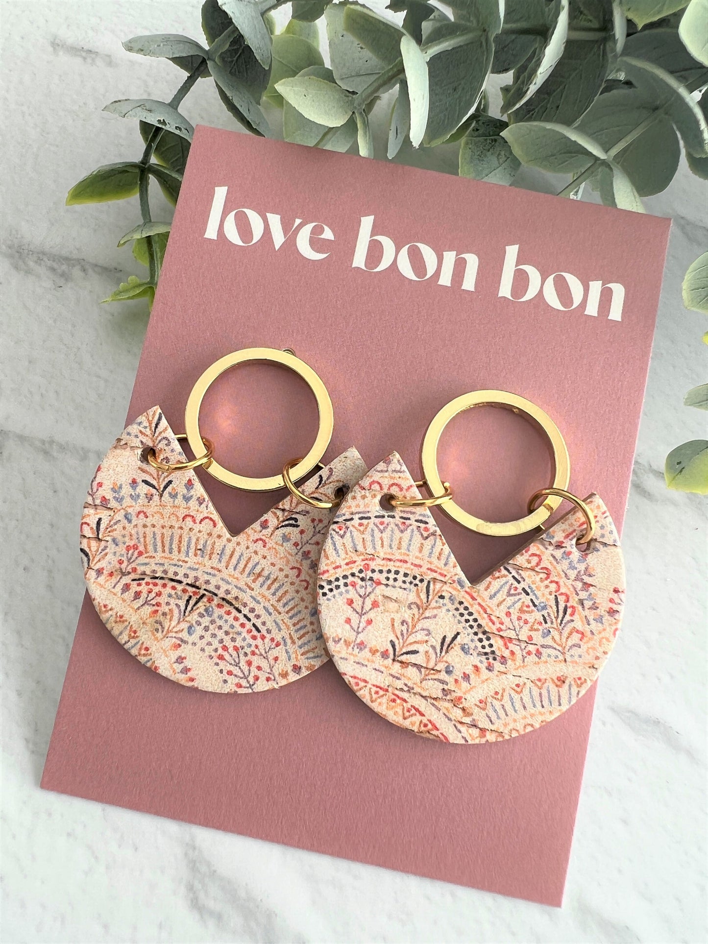 Handmade Genuine Cork and Leather Circle dangle earring - drop earring, birthday gift, gift for her, handmade earrings, leather jewellery