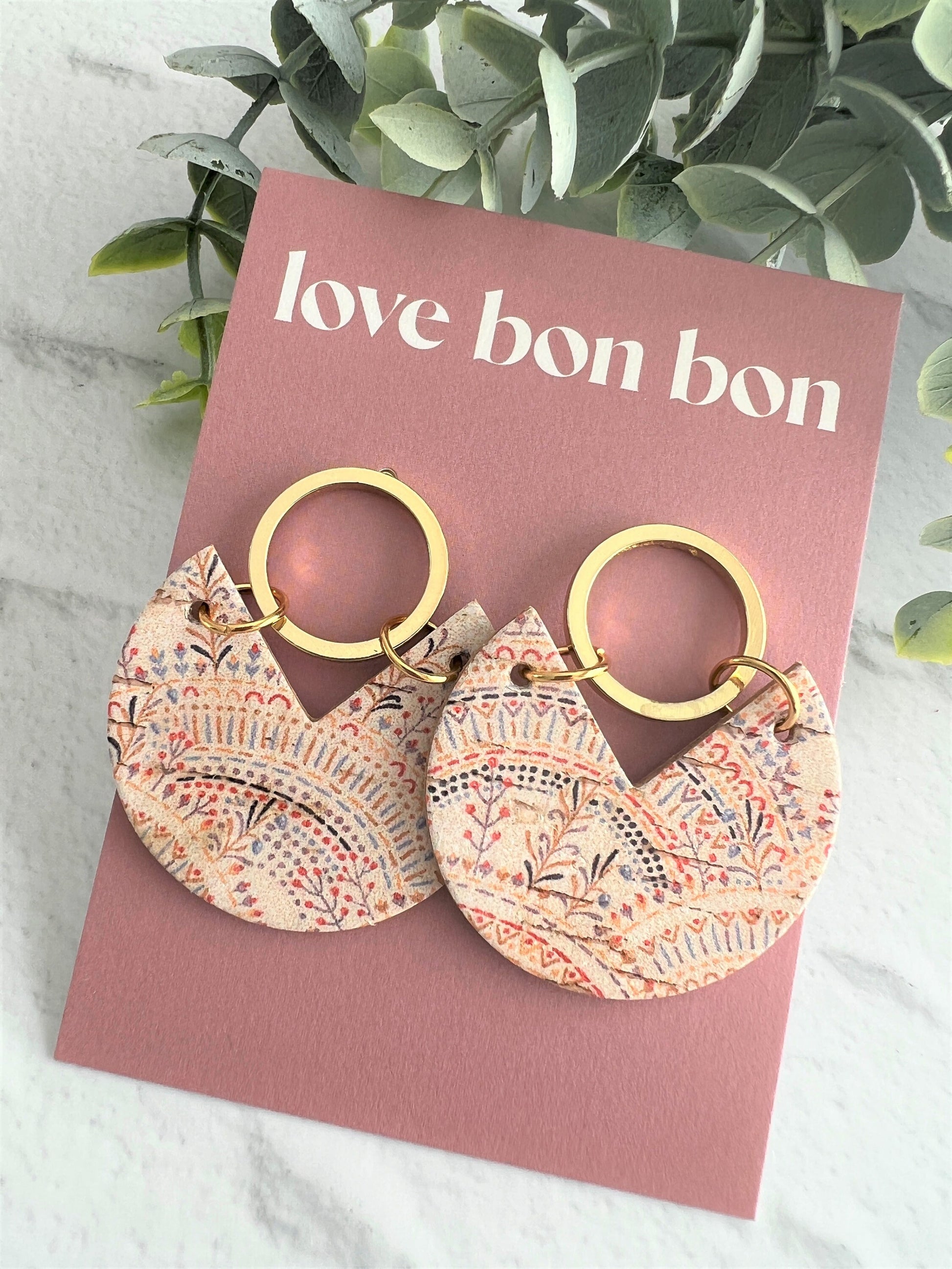 Handmade Genuine Cork and Leather Circle dangle earring - drop earring, birthday gift, gift for her, handmade earrings, leather jewellery