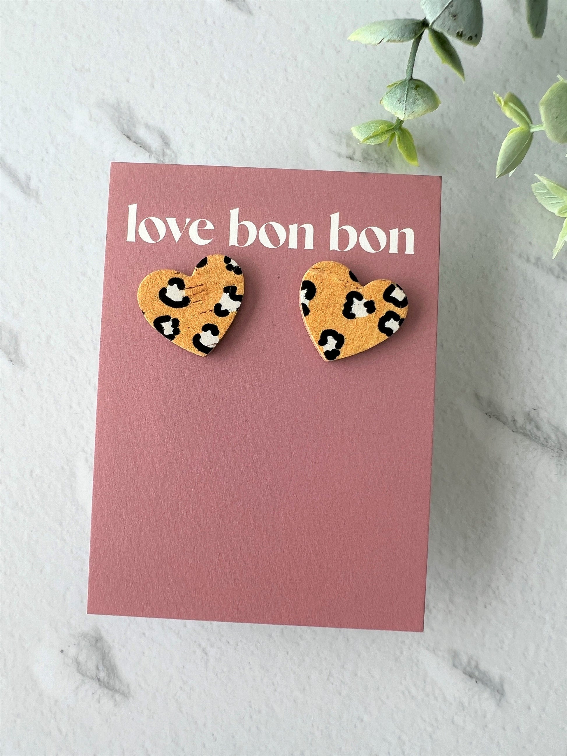Bella - Cork & Leather Handmade Heart Earring with gold stainless steel post