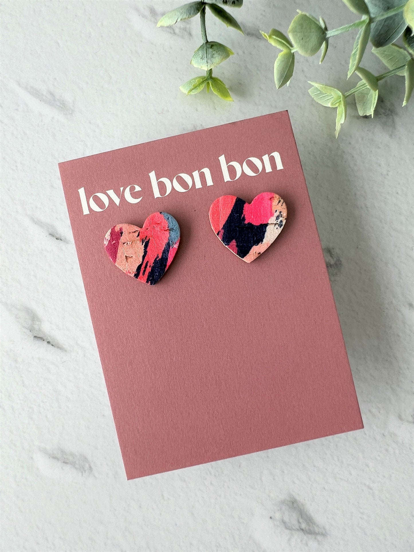 Bella - Cork & Leather Handmade Heart Earring with gold stainless steel post