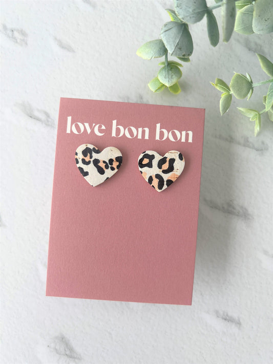 Bella - Cork & Leather Handmade Heart Earring with gold stainless steel post