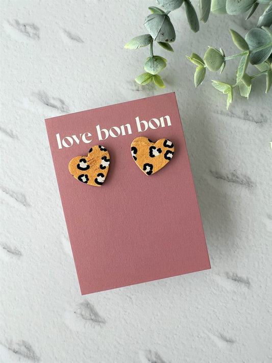 Bella - Cork & Leather Handmade Heart Earring with gold stainless steel post