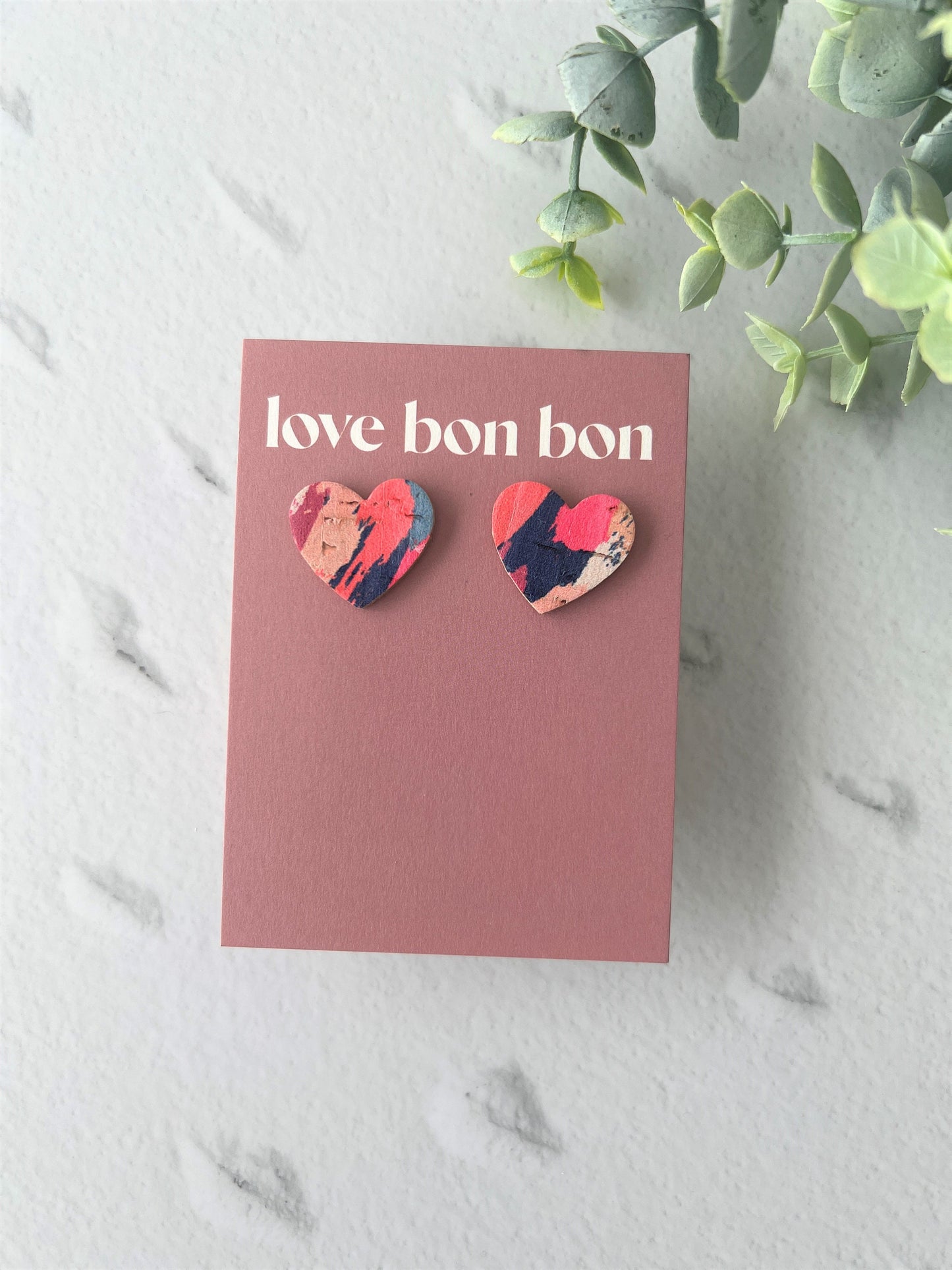 Bella - Cork & Leather Handmade Heart Earring with gold stainless steel post