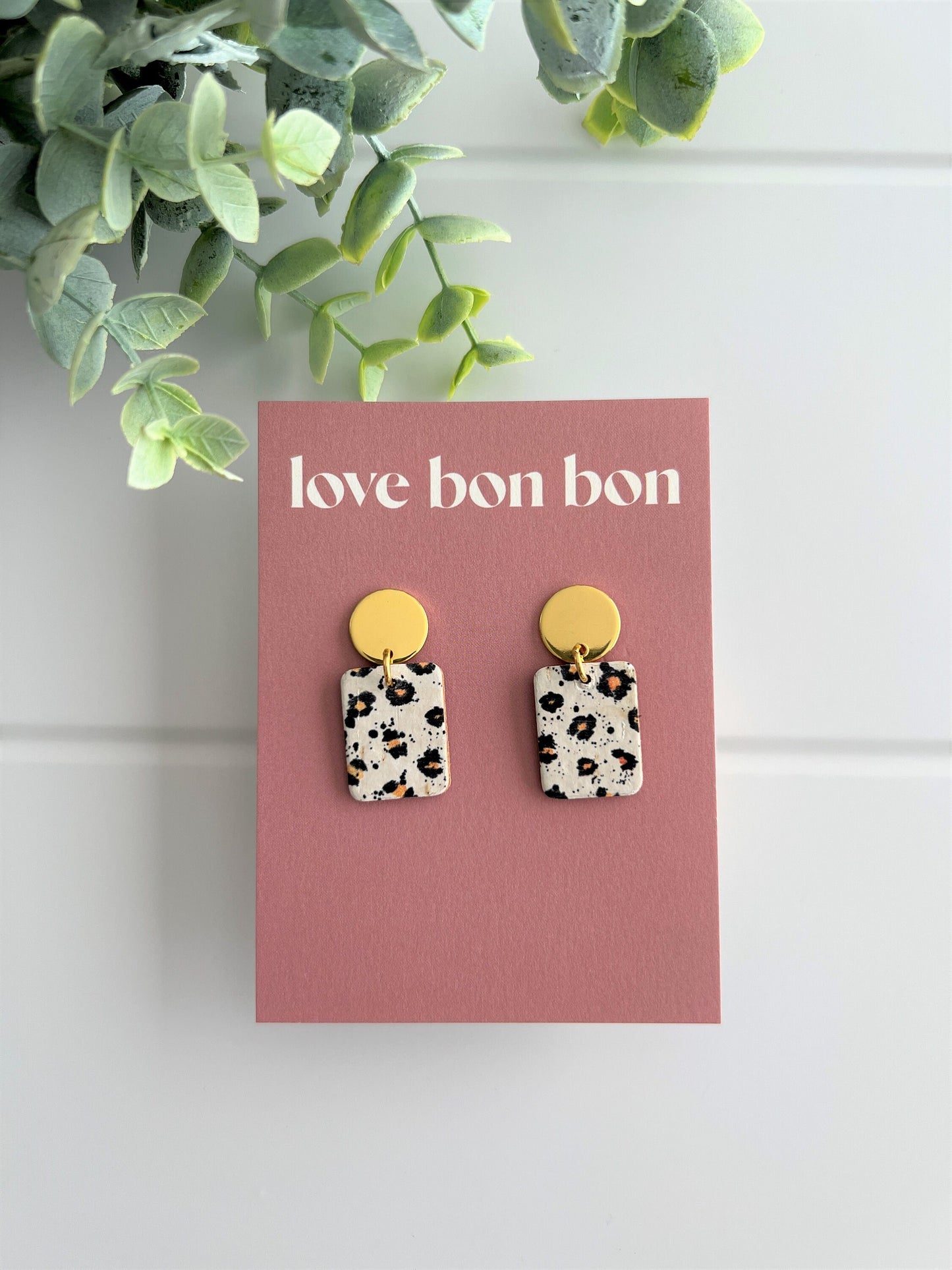 Bailey - Leopard Petite Handmade Cork & Leather Earring with gold stainless hardware