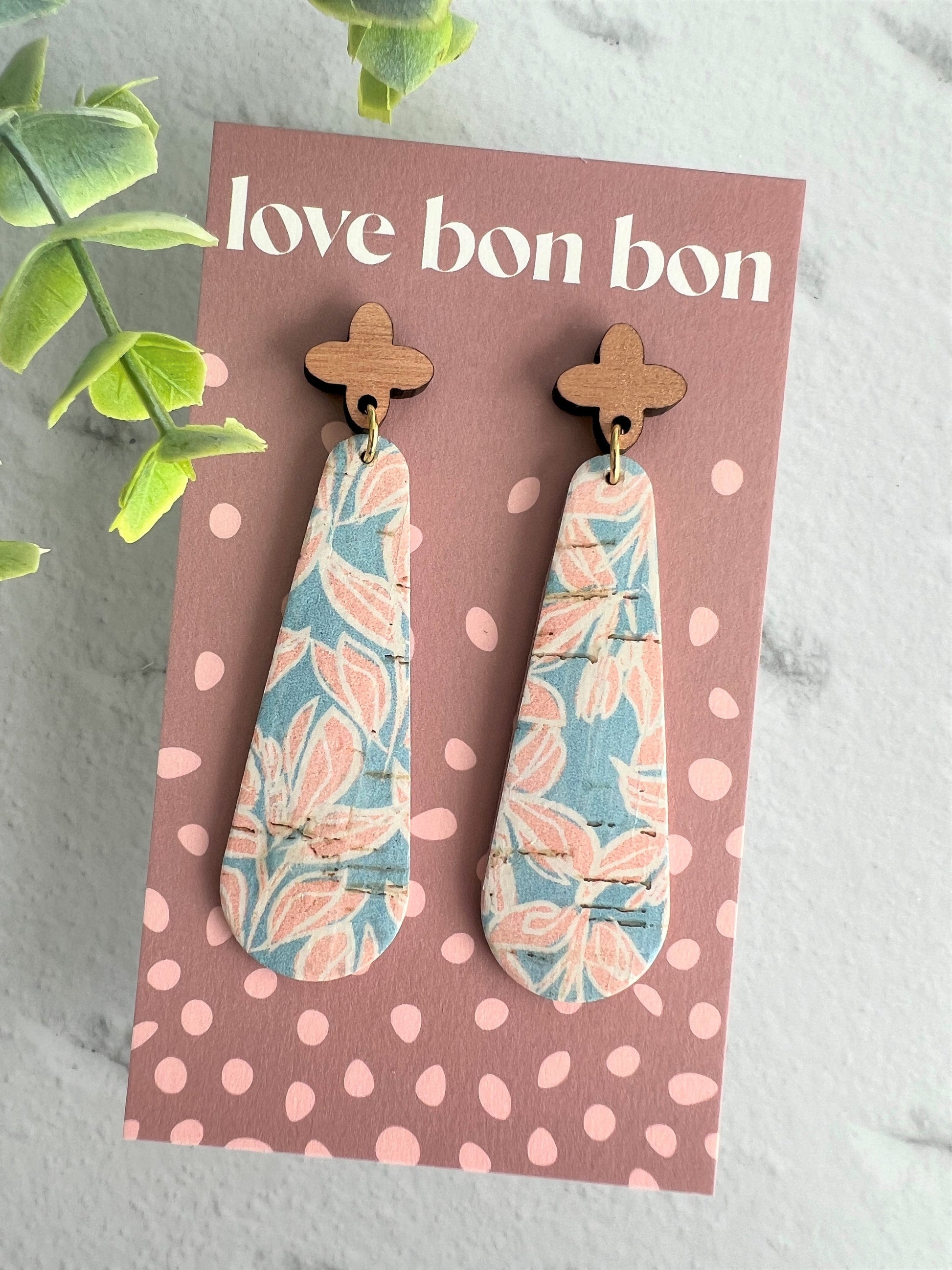 Cork & Leather Bar Drop Handmade Earring with Wooden topper - gifts for her - drop earrings - dangle earrings - birthday gift