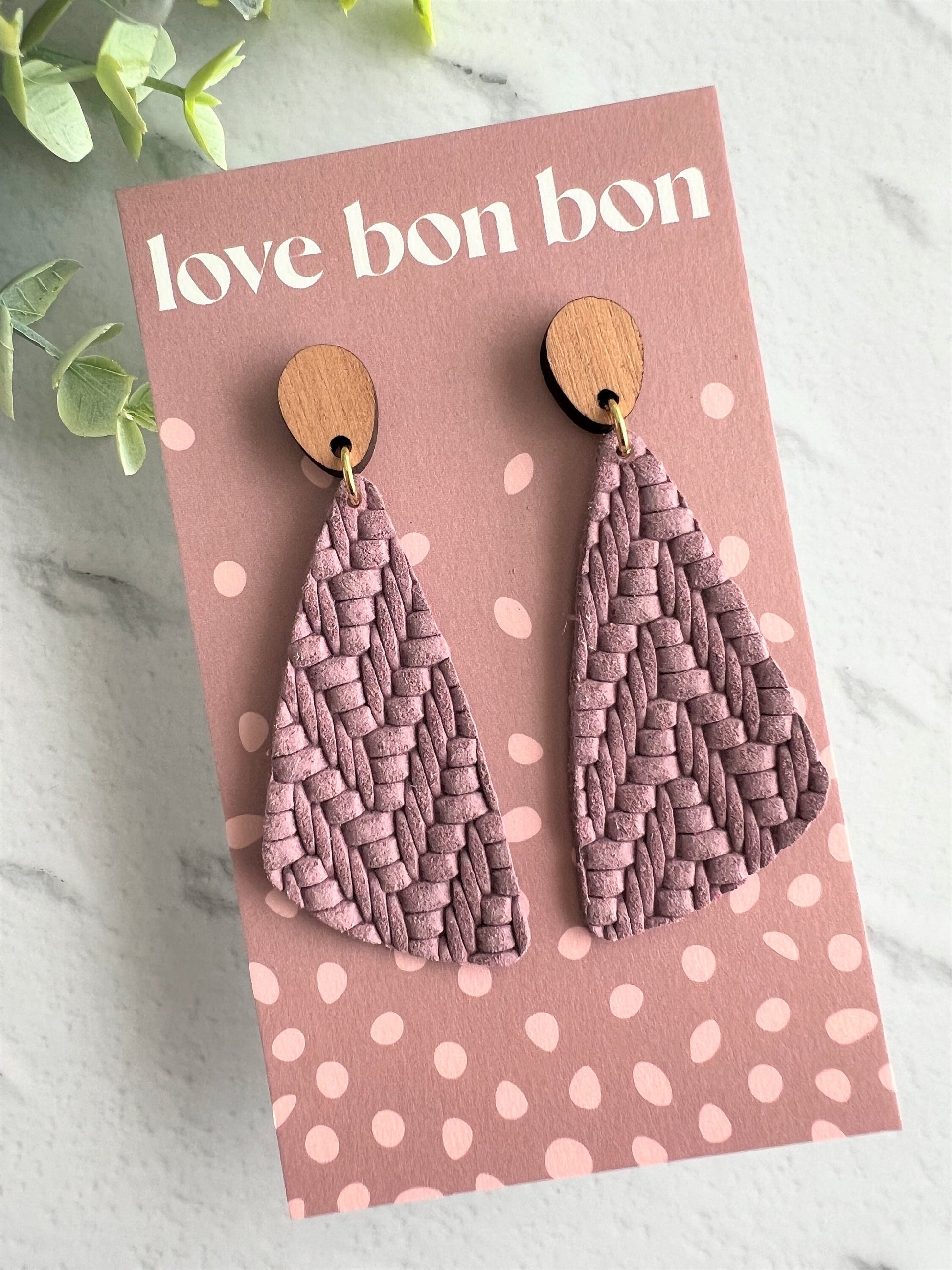 Genuine Leather Handmade Earring with Wooden topper, dangle earring, handmade earring, gift for her, birthday gift, Lilac Leather