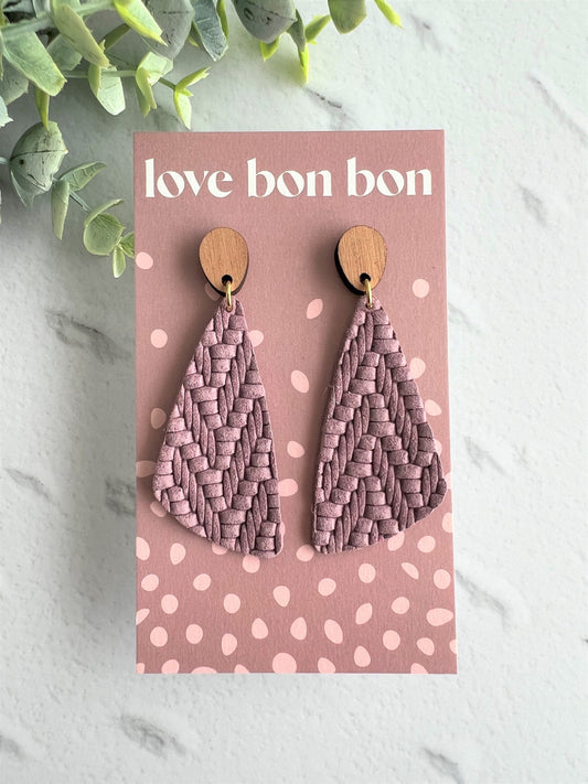 Genuine Leather Handmade Earring with Wooden topper, dangle earring, handmade earring, gift for her, birthday gift, Lilac Leather