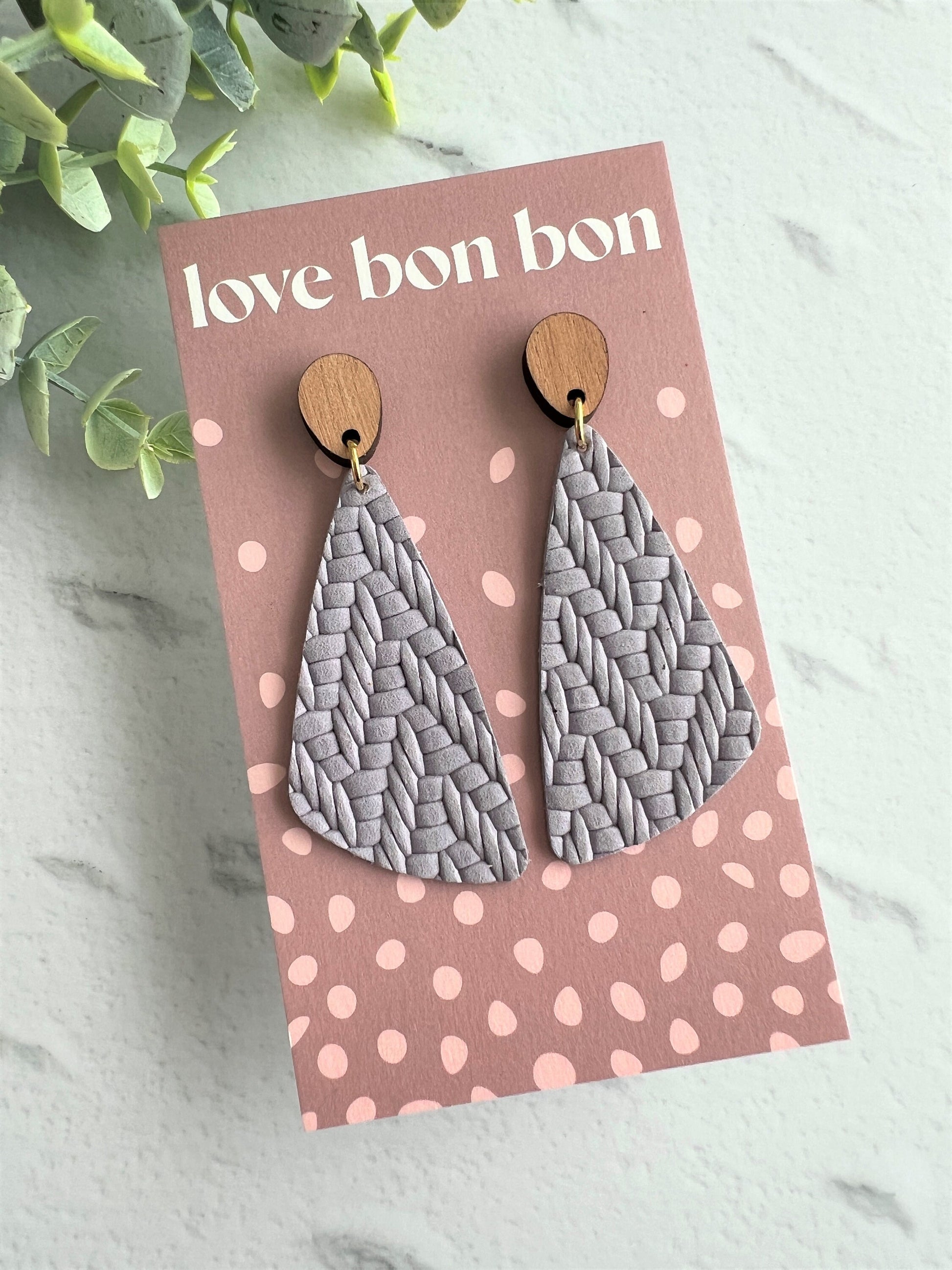 Genuine Leather Handmade Earring with Wooden topper, dangle earring, handmade earring, gift for her, birthday gift, Periwinkle Leather