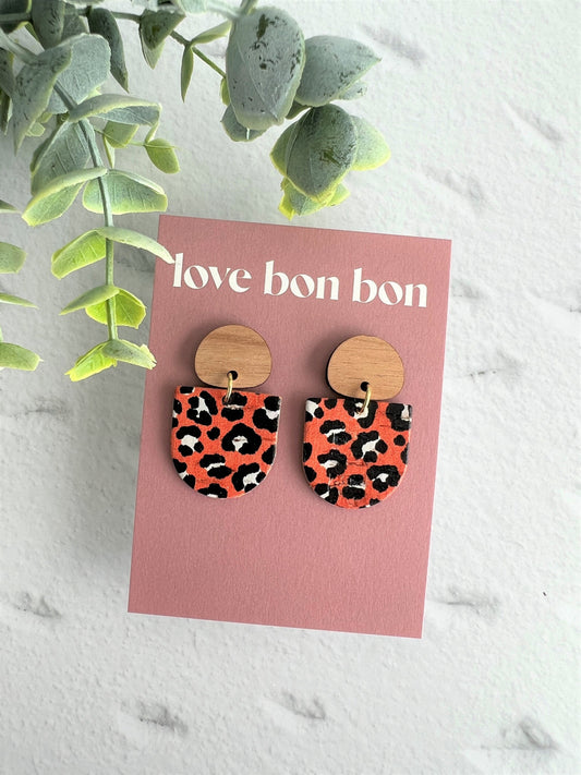Cork and Leather Handmade Petite Earring with Wooden topper, dangle earring, handmade earring, leopard print, handmade earrings