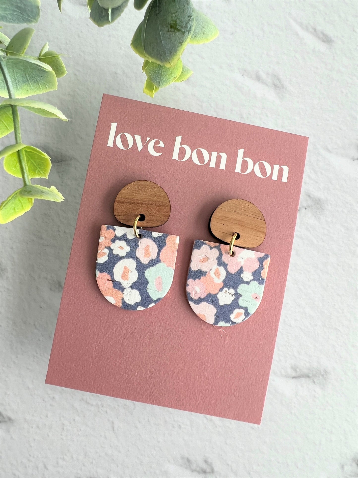 Cork and Leather Handmade Petite Earring with Wooden topper, dangle earring, handmade earring, floral print earring, handmade earrings