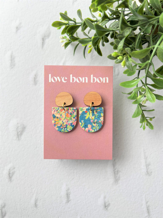 Cork and Leather Handmade Petite Earring with Wooden topper, dangle earring, handmade earring, floral print earring, handmade earrings