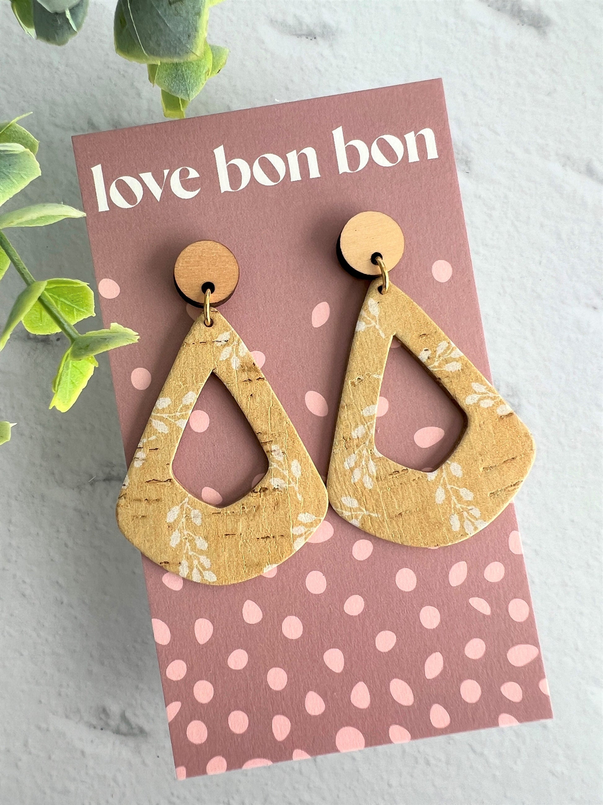 Cork and Leather Geometric Handmade Earring with Wooden topper, dangle earring, gift for her, birthday gift, floral handmade earring