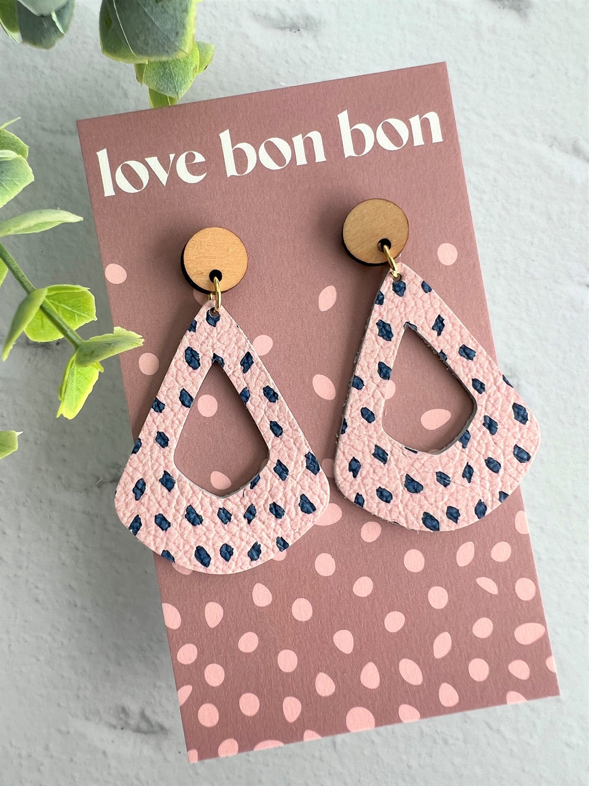 Genuine Leather Geometric Handmade Earring with Wooden topper, dangle earring, gift for her, birthday gift, pink spotted leather earring
