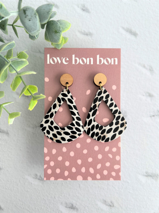 Cork and Leather Geometric Handmade Earring with Wooden topper, dangle earring, gift for her, birthday gift, black and white earring