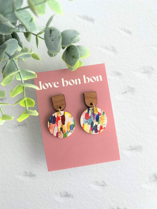 Marley - Vivid Confetti Cork & Leather Handmade Dangle Circle Earrings