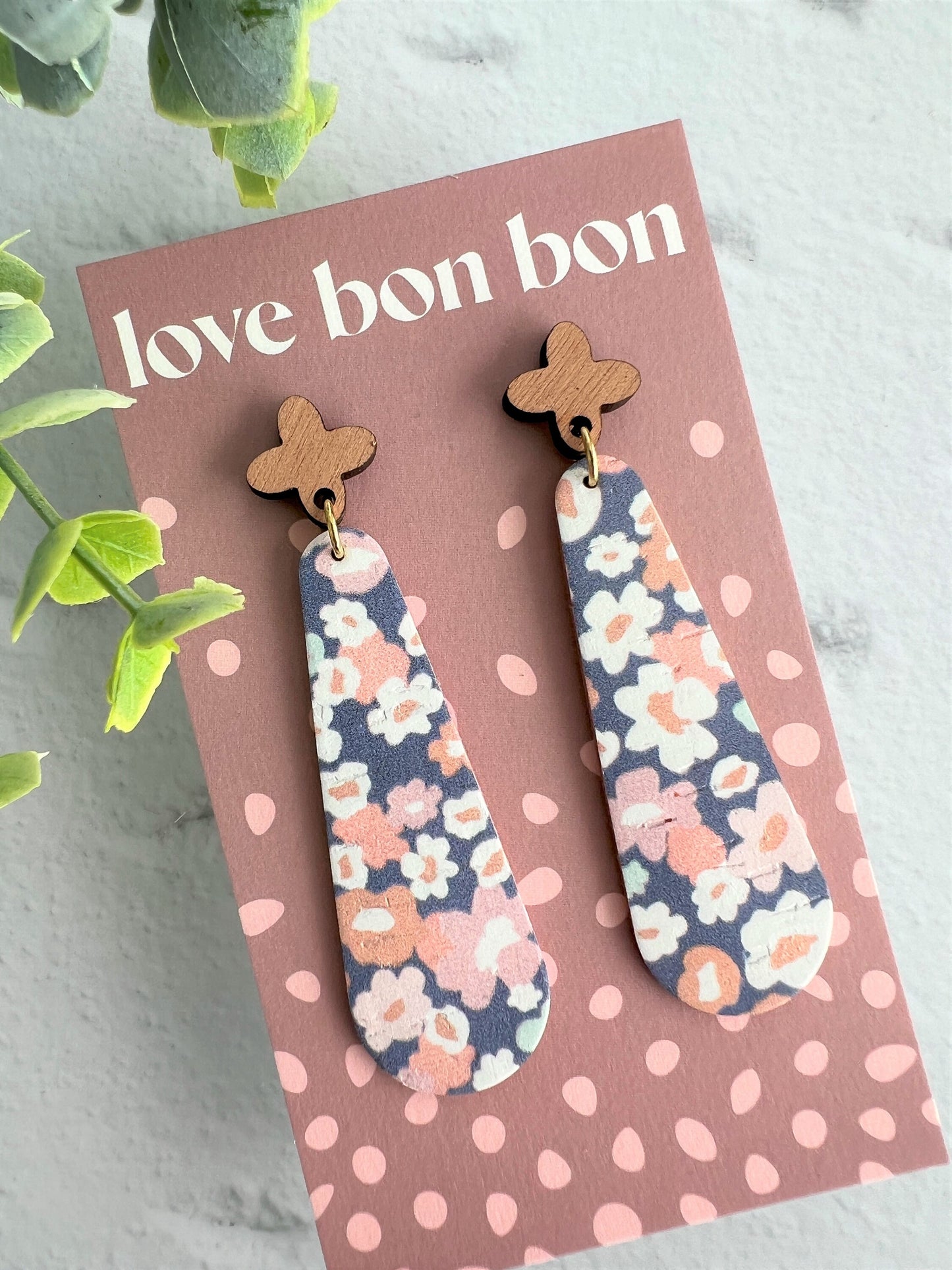 Cork & Leather Bar Drop Handmade Earring with Wooden topper - gifts for her - drop earrings - dangle earrings - birthday gift