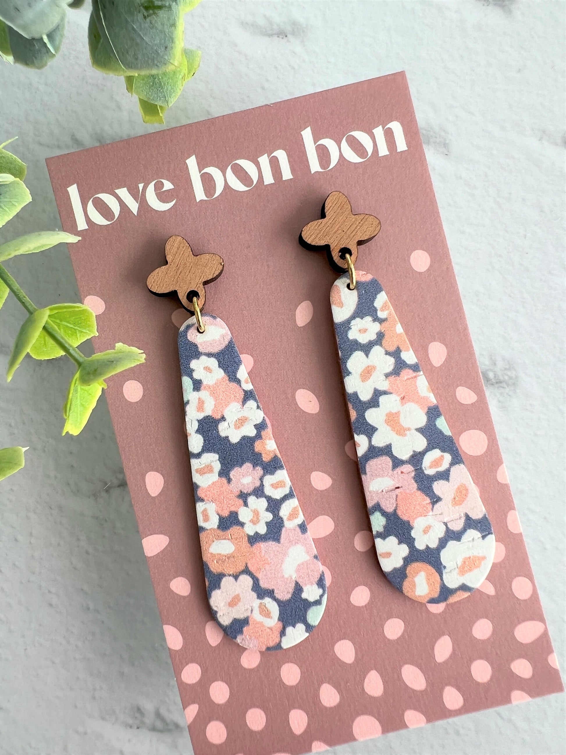 Cork & Leather Bar Drop Handmade Earring with Wooden topper - gifts for her - drop earrings - dangle earrings - birthday gift