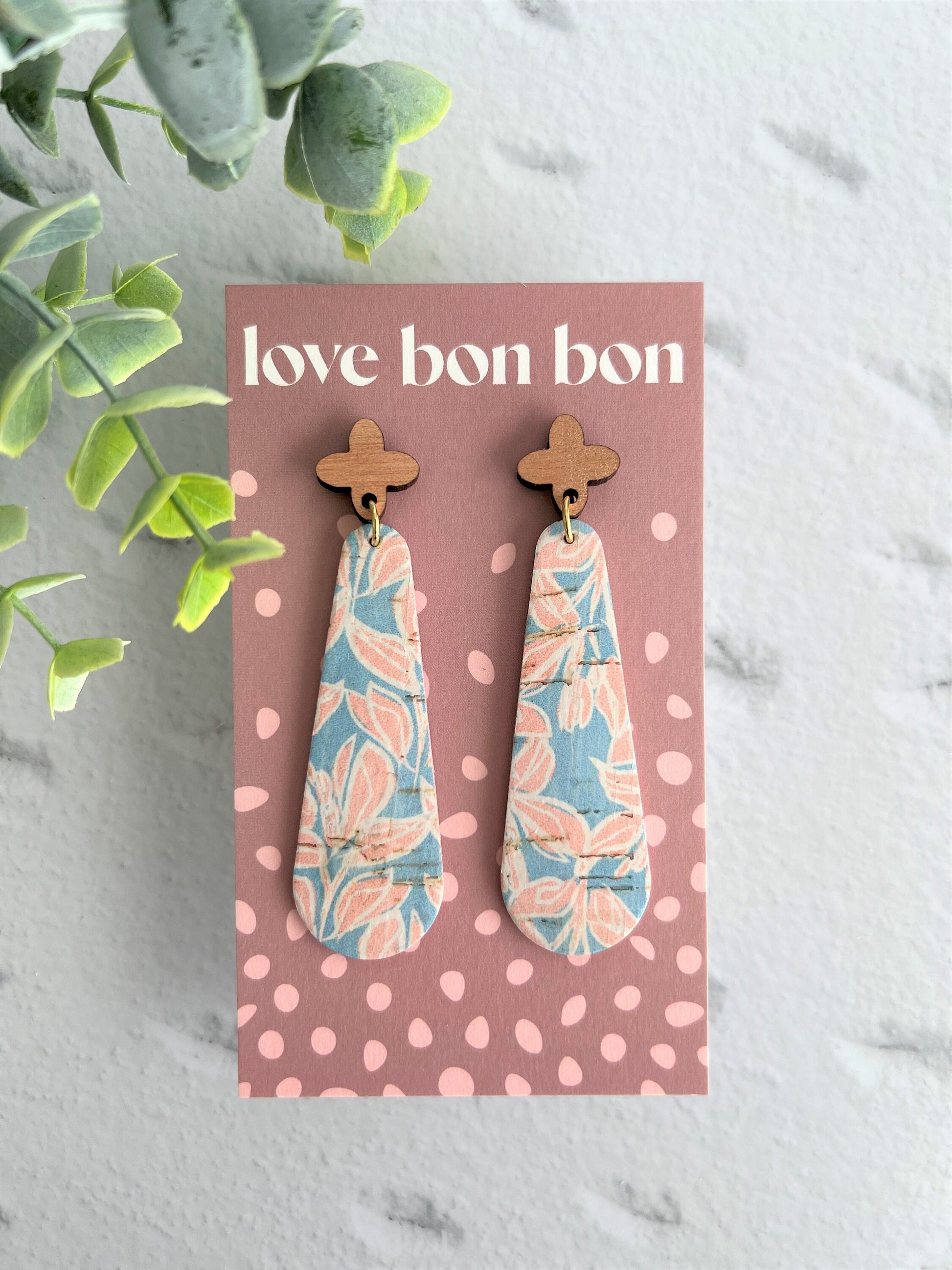 Cork & Leather Bar Drop Handmade Earring with Wooden topper - gifts for her - drop earrings - dangle earrings - birthday gift