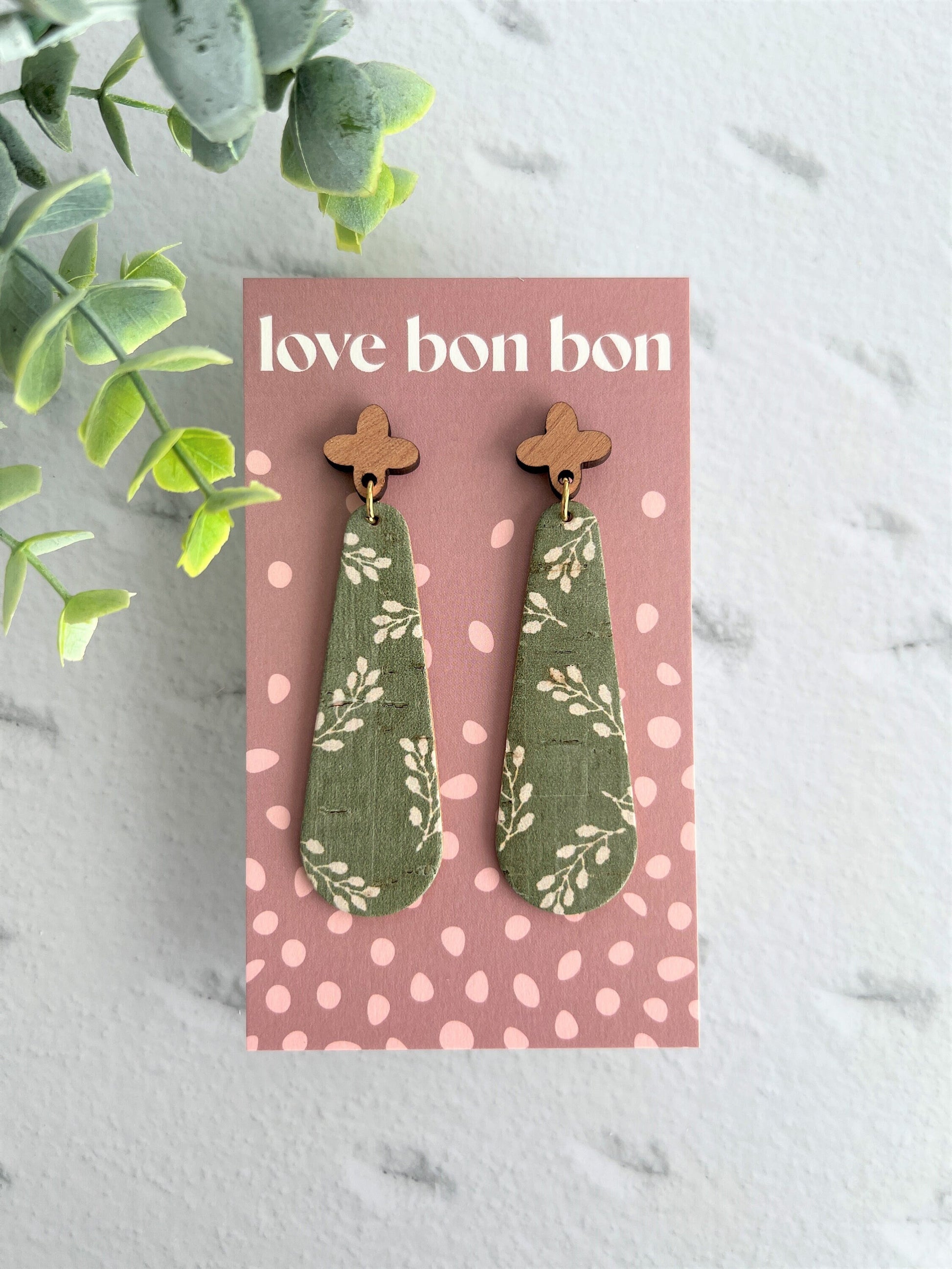 Cork & Leather Bar Drop Handmade Earring with Wooden topper - gifts for her - drop earrings - dangle earrings - birthday gift