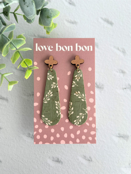 Cork & Leather Bar Drop Handmade Earring with Wooden topper - gifts for her - drop earrings - dangle earrings - birthday gift