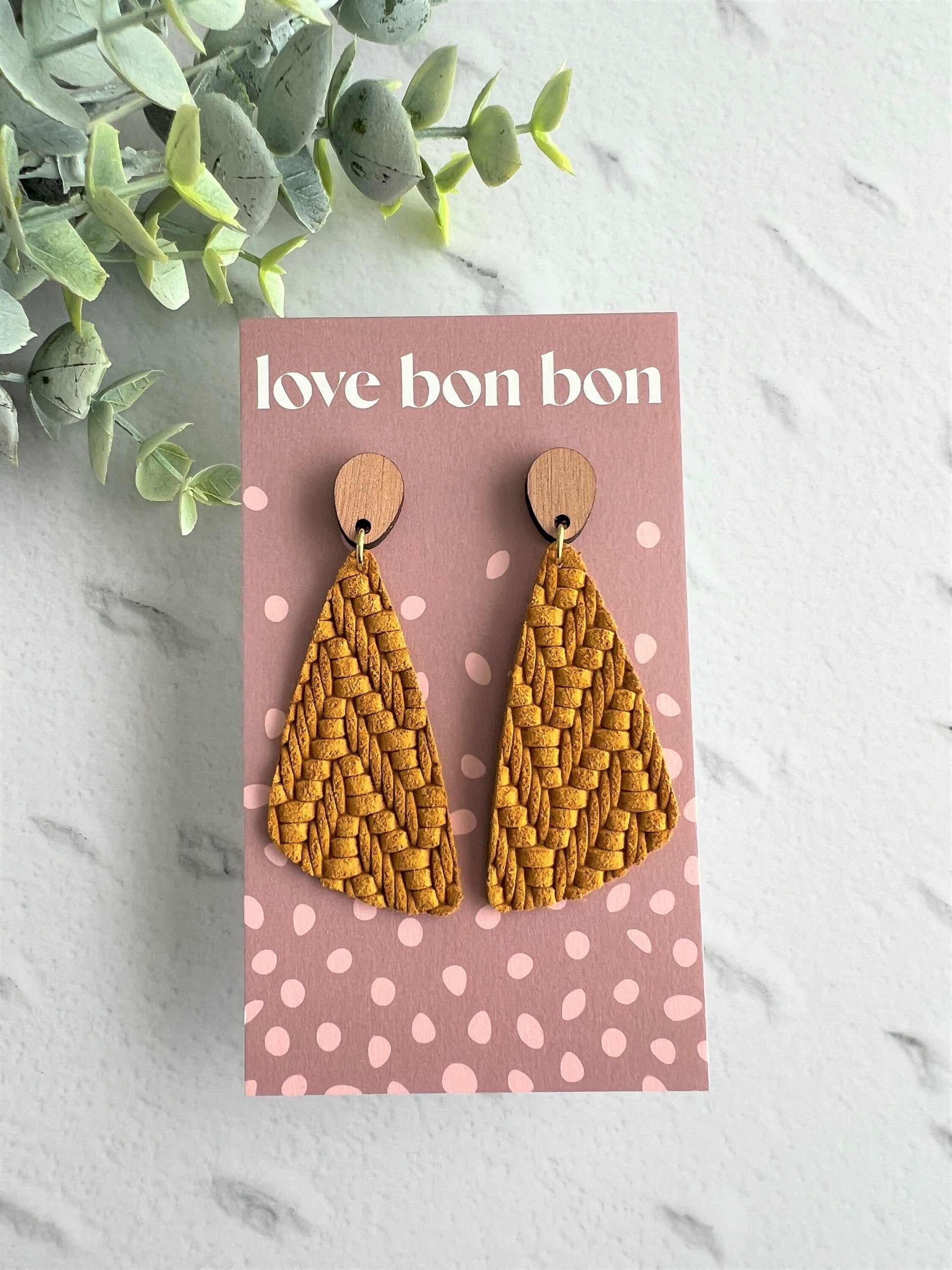 Genuine Leather Handmade Earring with Wooden topper, dangle earring, handmade earring, gift for her, birthday gift, Mustard Yellow